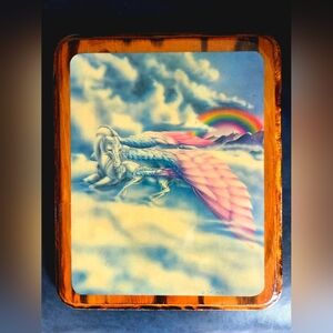 Vintage 80s Sue Dawe Unicorn Pegasus Baby Wooden Wall Art